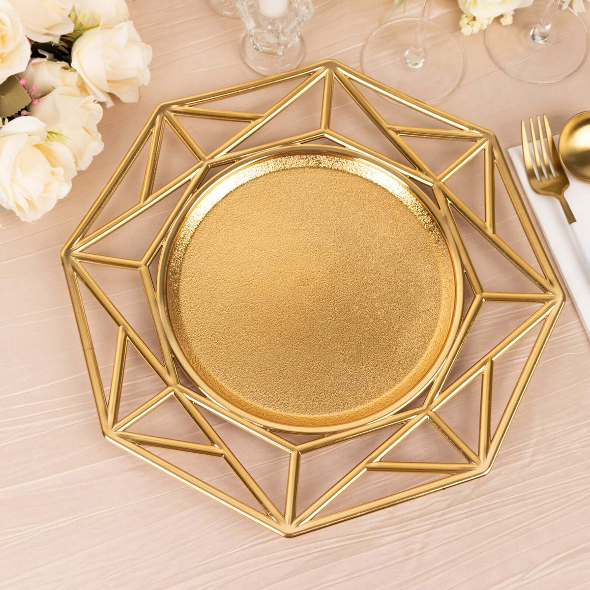 6-Pack Acrylic Charger Plates 13" Octagon Metallic Gold with Hollow Geometric Rim - Plastic Disposable Decorative Chargers
